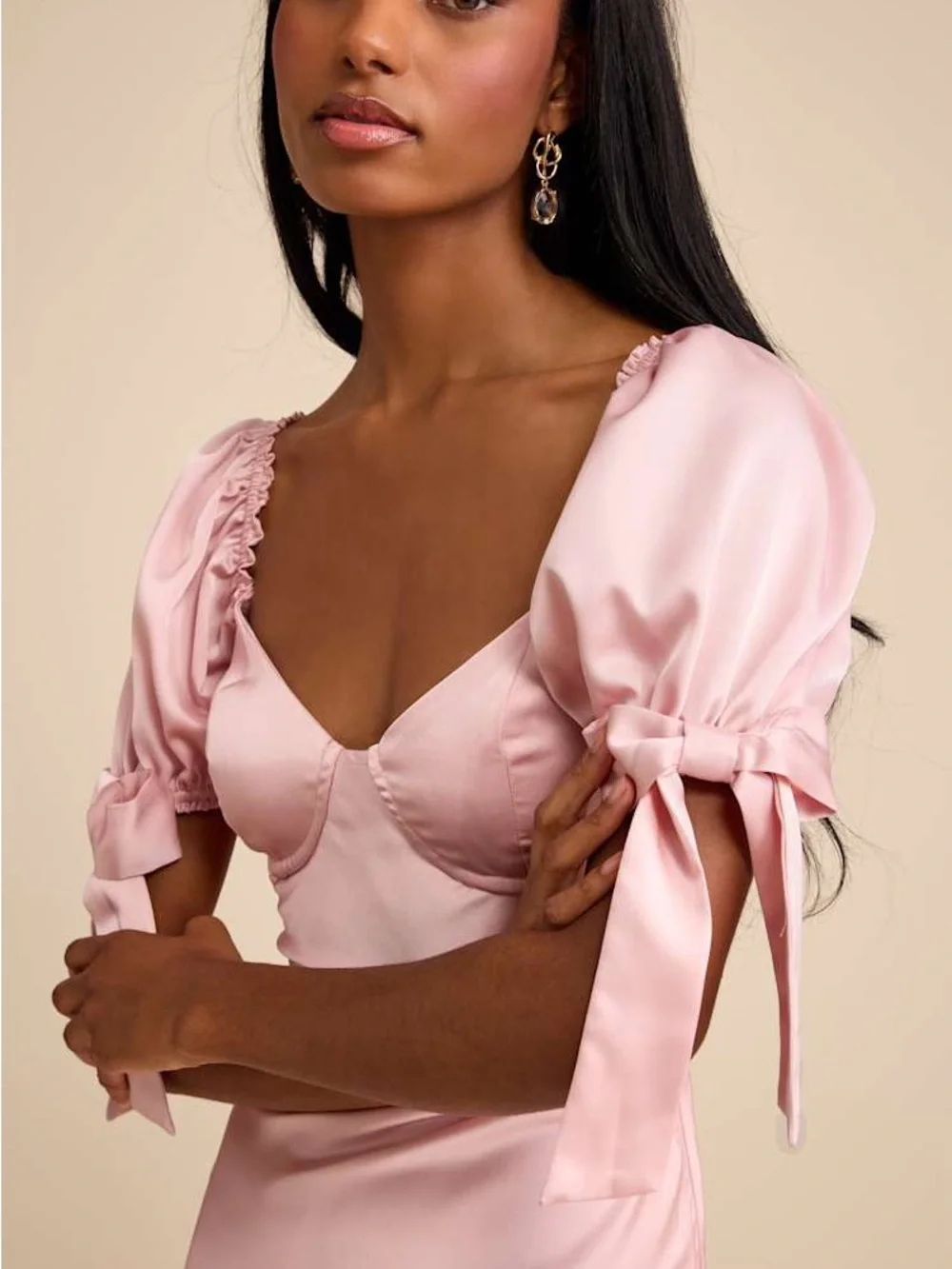 Lulus Santa Marta Blush Pink Satin Puff Sleeve Bow Maxi Dress Size S NWT